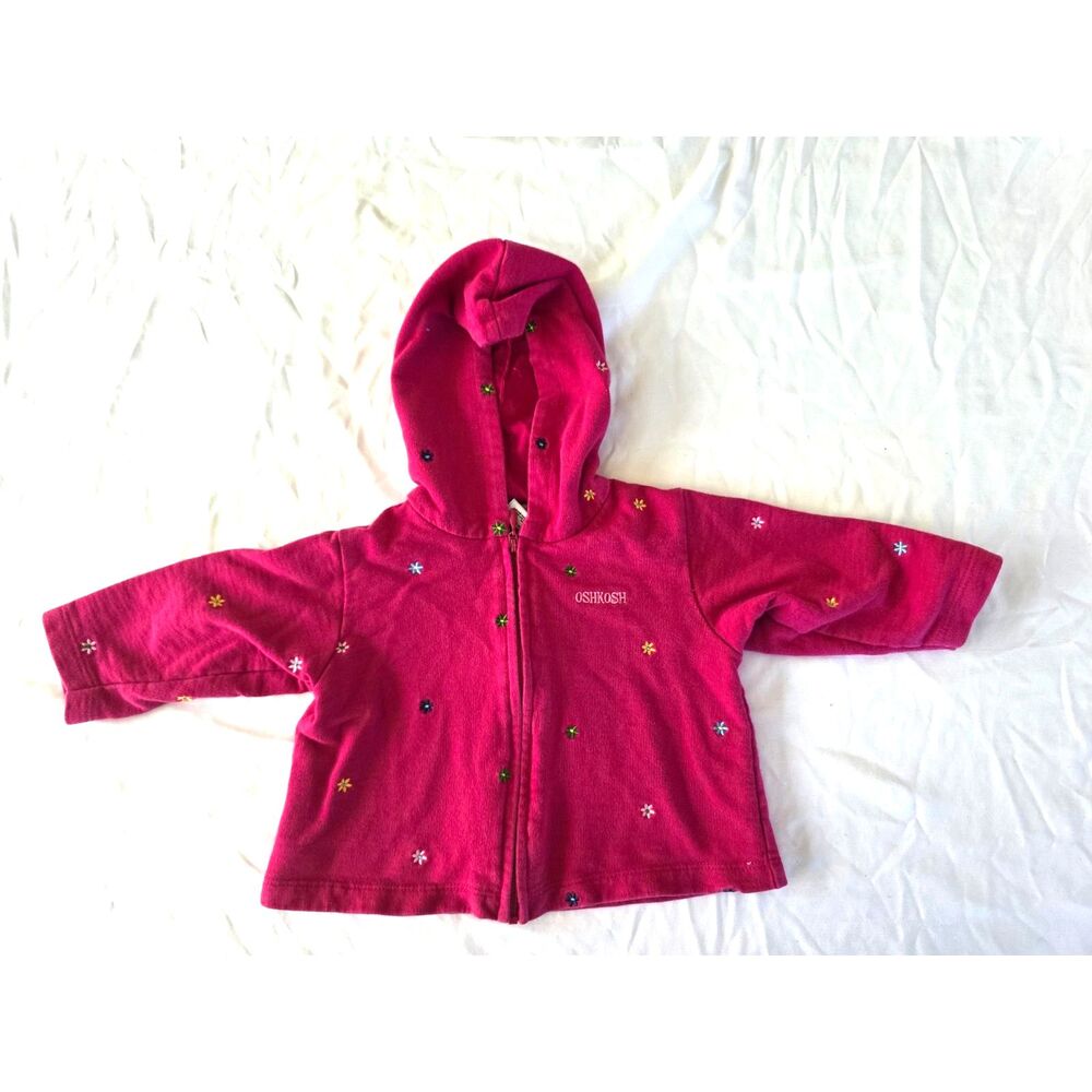 Vintage OshKosh B'Gosh Pink Floral Embroidered Zip Hoodie Jacket - Sz 3/6 Months